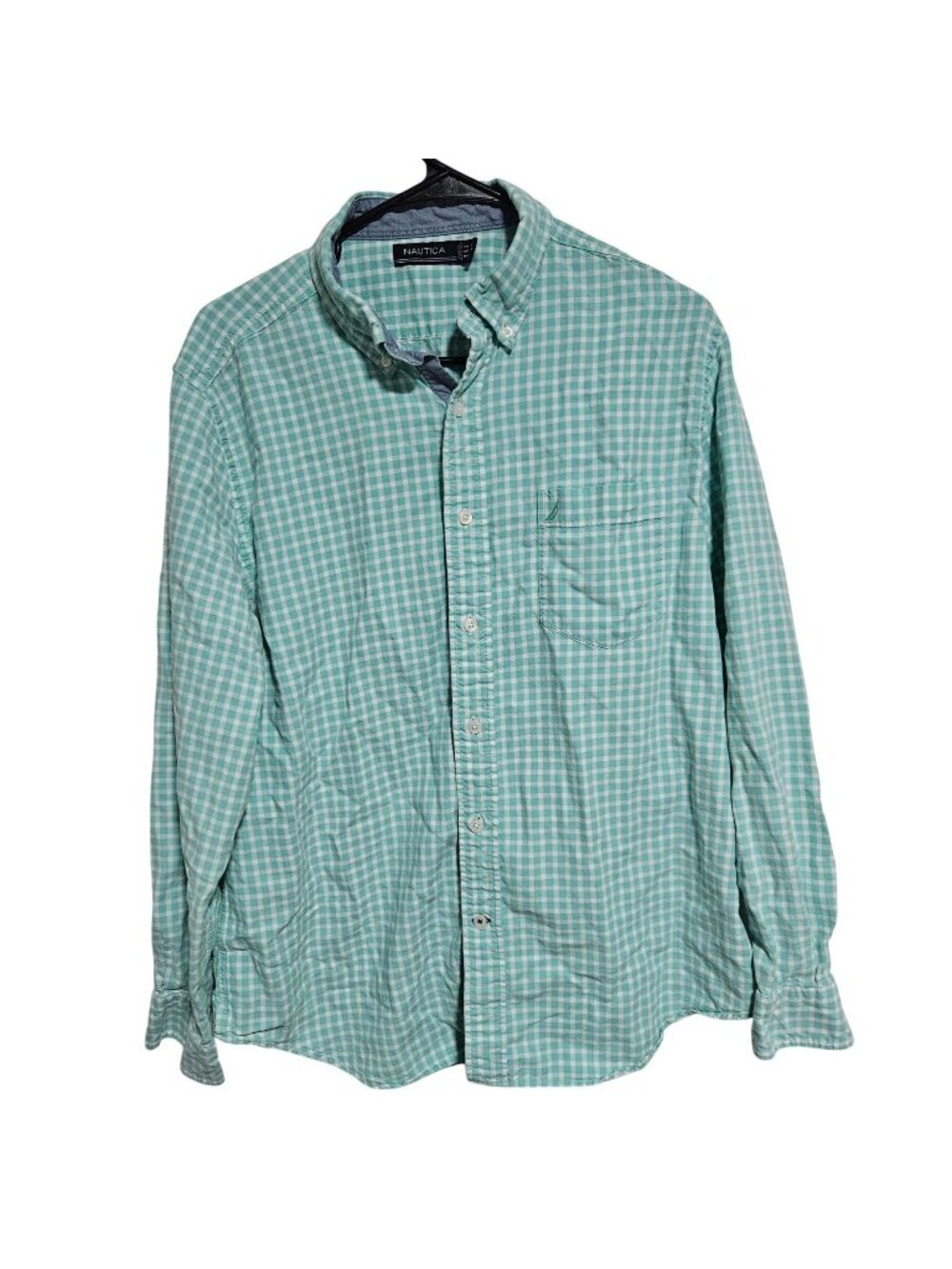 Nautica Gingham Button Up Shirt Mens Size Large Green White Long Sleeve